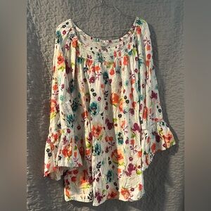 Terra Sky White Floral Off-Shoulder Top with Colorful Blooms